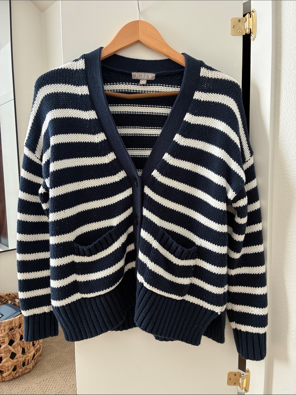 J. Crew Navy and White Striped Knit Cardigan